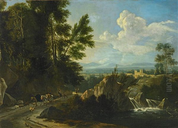 Sudliche Landschaft Mit Wasserfall Und Hirten - view 1
