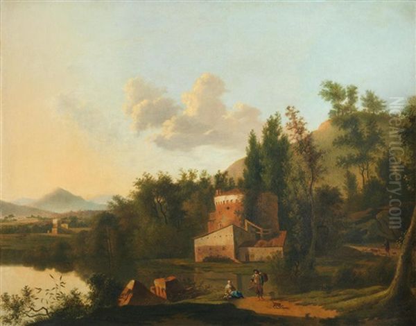 An Italianate Landscape With Figures Resting By A Lake - view 1