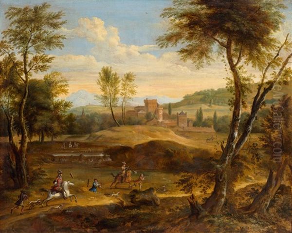 Hunting Group In A Landscape With A Castle In The Background - view 1