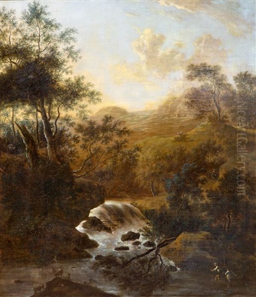 An Italianate Landscape With Fishers Near A Waterfall - view 1