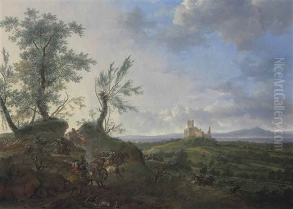 An Extensive Landscape With A Cavalry Skirmish, A Ruined Castle On A Hilltop Beyond - view 1