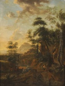 Sudliche Landschaft Mit Reiter, Jager Mit Hund Und Bauernpaar by Frederick De Moucheron