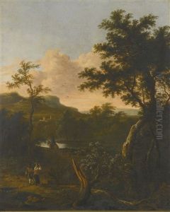A Wooded Landscape With A Couple And Traveller On Horseback By A River, With A Small Town In The Distance