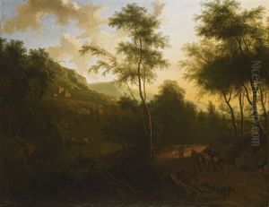 An Extensive Italianate Landscape With Mounted Travellers In The Foreground, A River With Fishermen And A Castle Beyond by Frederick De Moucheron