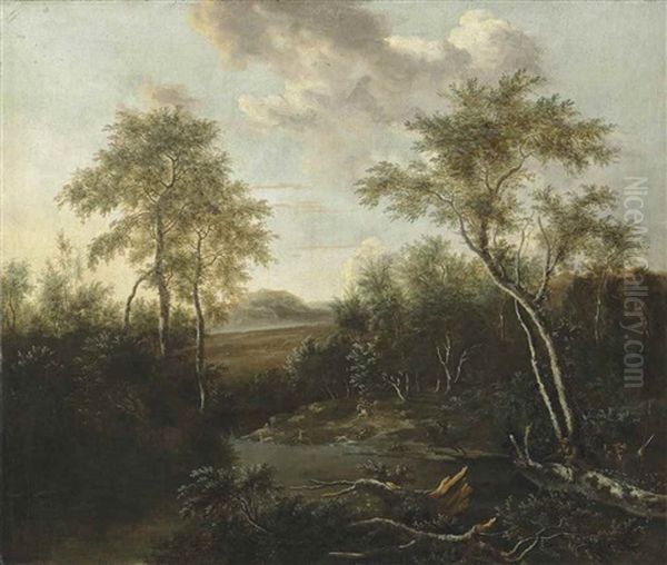 A Wooded River Landscape With Huntsmen And Dogs On A Track - view 1