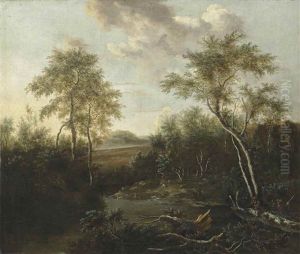 A Wooded River Landscape With Huntsmen And Dogs On A Track A Wooded River Landscape With Huntsmen And Dogs On A Track