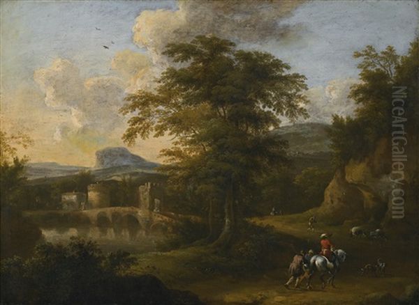 An Italianate Landscape With A Horseman And Other Travellers Approaching A Bridge - view 1