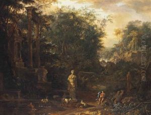 A Classical River Landscape With A Herdsman And His Flock Amongst Ruins, A Waterfall Beyond A Classical River Landscape With A Herdsman And His Flock Amongst Ruins, A Waterfall Beyond