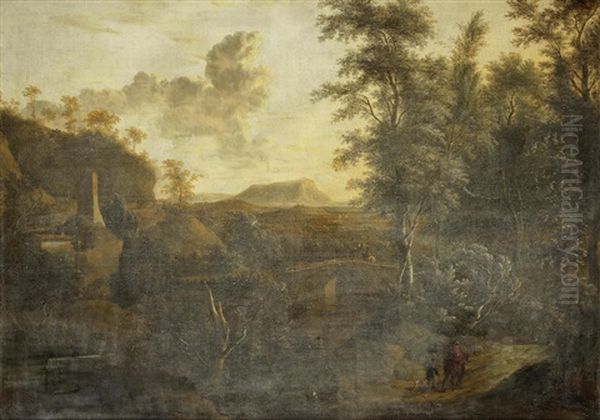 A Wooded Landscape With A Traveller On Horseback Crossing A Bridge - view 1