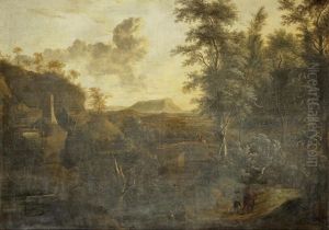 A Wooded Landscape With A Traveller On Horseback Crossing A Bridge by Frederick De Moucheron