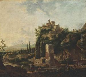 An Italianate River Landscape With A Deer Hunt, Beside Classical Ruins, A Hilltop Town Beyond
