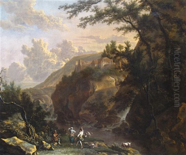 An Italianate Landscape With Figures Making Merry By A River At Dusk - view 1