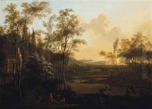A Wooded River Landscape With A Huntsman At Rest Beside Classical Ruins by Frederick De Moucheron