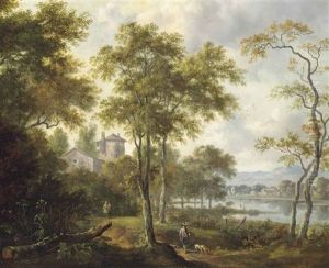 A Wooded River Landscape With A Hunter On A Track, A Villa And Mountains Beyond