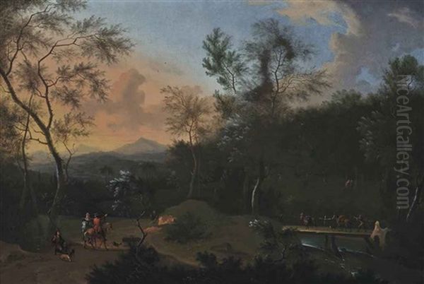 A Wooded River Landscape With Travellers On A Bridge And A Hunting Party At Rest, Mountains Beyond - view 1