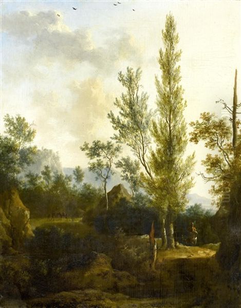 A Mountainous Landscape With Travellers On A Country Path by Frederick De Moucheron