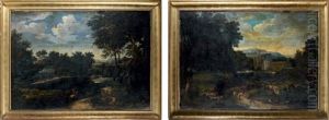 Cavalier Sur Un Chemin De Foret Et Berger Menant Un Troupeau Pres D'une Ferme Fortifiee (pair) by Frederick De Moucheron