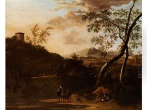 Italienische Landschaft Mit Rastenden Hirten Und Einer Jungen Frau Auf Einem Esel Reitend thumbnail