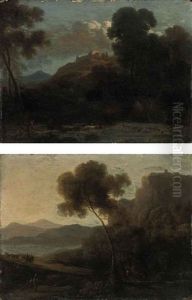 A Mountainous Landscape With A Shepherd And His Herd, A Hilltop Villa Beyond (+ A River Landscape With Figures On A Track; Pair) by Frederick De Moucheron