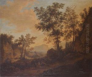 Peasants On A Track Before An Extensive Landscape At Sunset by Frederick De Moucheron