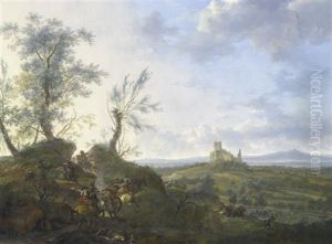 Weite Landschaft Mit Einem Kavalleriegefecht Und Einer Burgruine Im Hintergrund