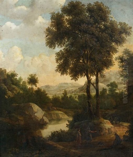 Paysage De Campagne A La Riviere Avec Des Villageois En Chemin - view 1
