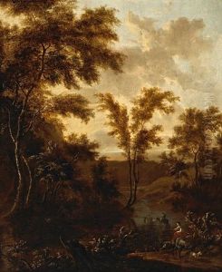 An Italianate Landscape With Animals And Figures Fording A River by Frederick De Moucheron