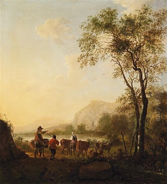 Hirtin Mit Ihrem Vieh In Weiter Flusslandschaft - view 1