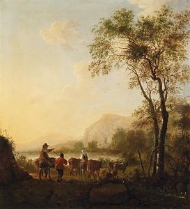 Hirtin Mit Ihrem Vieh In Weiter Flusslandschaft Hirtin Mit Ihrem Vieh In Weiter Flusslandschaft