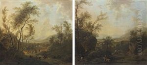 A Wooded Landscape With Cavalrymen (+ A Wooded Landscape With Huntsmen; Pair) by Frederick De Moucheron
