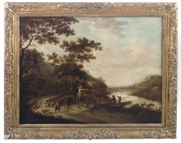 A River Landscape With Travellers On A Country Track, A Bridge Beyond - view 1