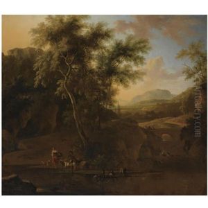 An Italianate Wooded River Landscape With Shepherds And Their Herd Of Goats In The Foreground, Two Travellers And A Donkey On The Bridge Beyond by Frederick De Moucheron