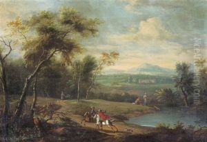 A Wooded River Landscape With Falconiers On Horseback