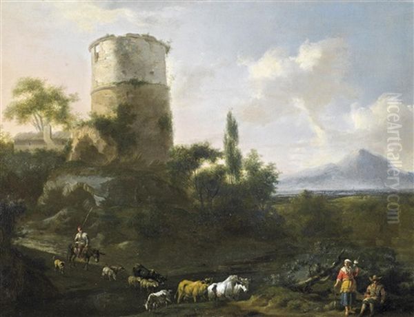Italienische Ruinenlandschaft Mit Hirten An Einer Furt - view 1