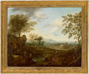 Reiter Und Reisende In Einer Sudlichen Landschaft Mit Einer Klosteranlage Im Hintergrund