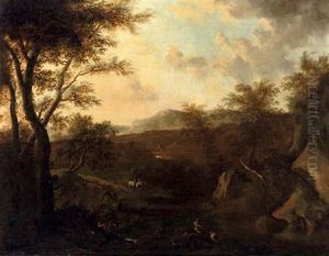 An Italianate River Landscape With Fishermen, A Washer Woman And A Traveller On Horseback Beyond by Frederick De Moucheron