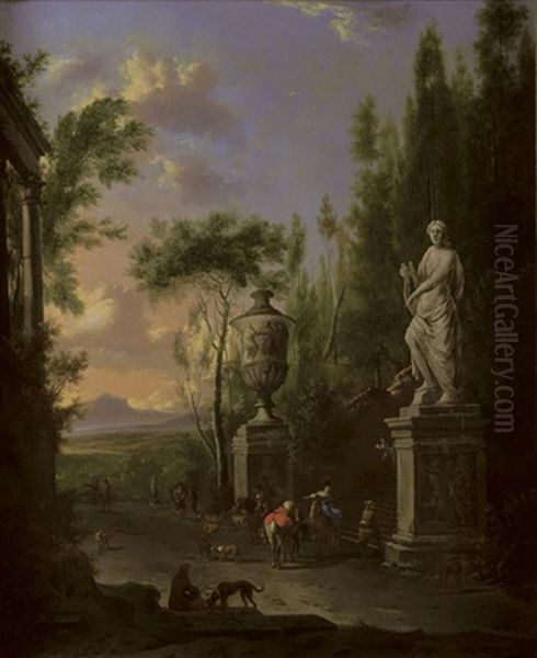 A Hawking Party At The Foot Of An Ornamental Staircase, With A Mountainous Landscape Beyond (collab. W/adriaen Van De Velde) by Frederick De Moucheron