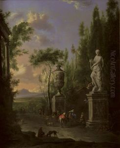 A Hawking Party At The Foot Of An Ornamental Staircase, With A Mountainous Landscape Beyond (collab. W/adriaen Van De Velde) by Frederick De Moucheron