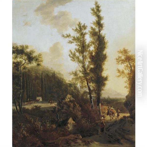 An Italianate Landscape With Peasants On A Road, Mounted Figures Entering The Forecourt To A Villa (collab. W/adriaen Van De Velde) - view 1