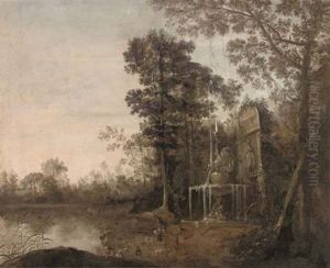 A Wooded Landscape With A Shepherd And His Flock By An Ornamental Fountain by Frederick De Moucheron