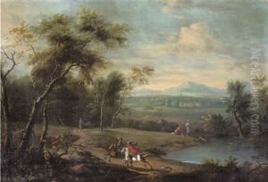 A Wooded River Landscape With Falconiers On Horseback, A Mansion Beyond