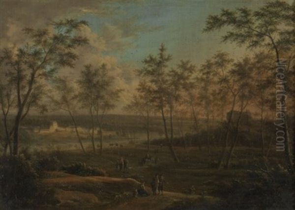 Bewaldete Landschaft Mit Figurenstaffage Und Im Hintergrund Links Fluss Und Schlossanlage - view 1
