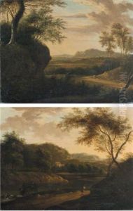 Italianate Landscape With Trees Overhanging A Road (+ Italianate Landscape With A Traveller On A Road Beside A River, A Villa Beyond, Sgd.; Pair) by Frederick De Moucheron