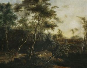 Wandersleute Bei Einem Bachlauf Im Walde, Im Hintergrund Ein Gehoft In Weitem Tal by Frederick De Moucheron
