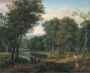 A Wooded River Landscape With Huntsmen And Dogs On A Track