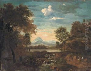 A Wooded Mountain Landscape With Travellers By A River by Frederick De Moucheron