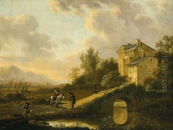 Bewaldete Landschaft Mit Hausern, Einer Steinernen Bogenbrucke Und Figuren - view 1