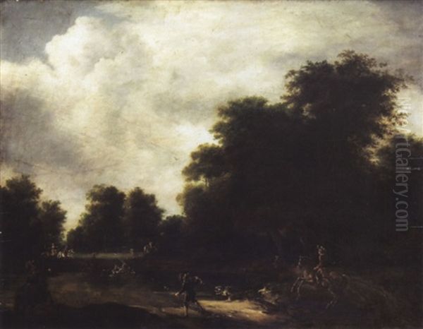 Waldlandschaft Mit Hirschjagd, Welche In Einem Teich Endet - view 1