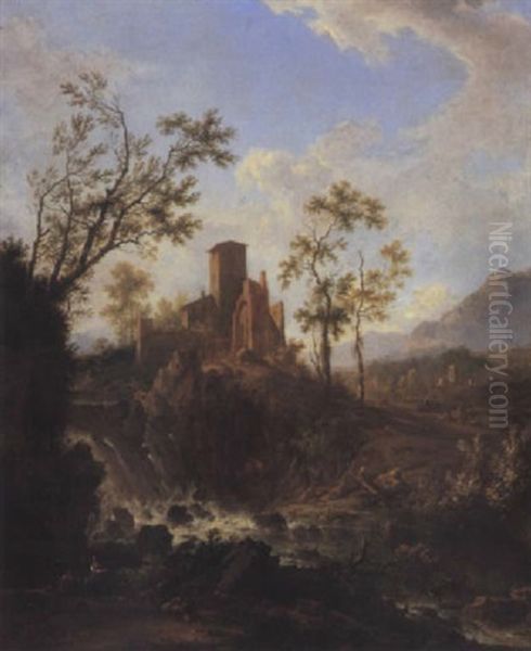 An Italianate River Landscape With A Nietherd, His Family And His Flock Before A Cascade, A Tower On A Rise Beyond - view 1