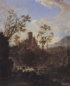 An Italianate River Landscape With A Nietherd, His Family And His Flock Before A Cascade, A Tower On A Rise Beyond